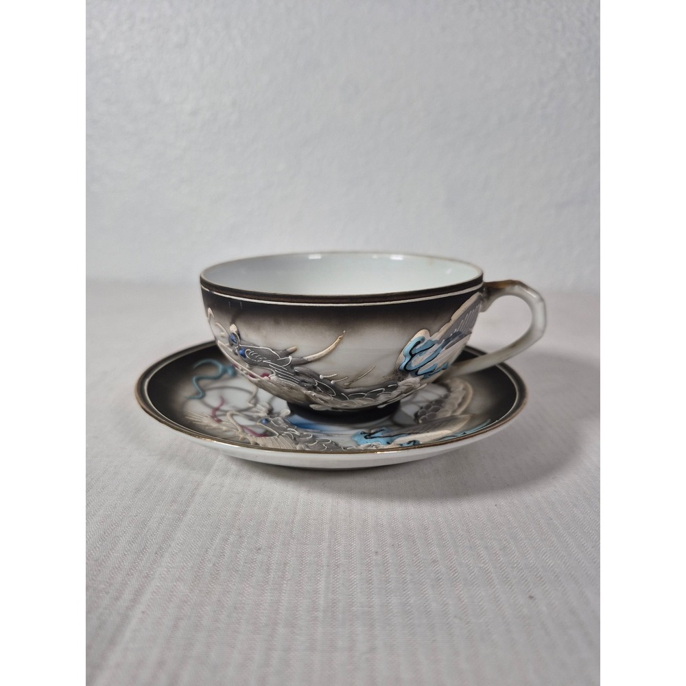 Vintage PC DG Japan Moriage Dragon Porcelain Tea Cup and Saucer Set Black Grey
